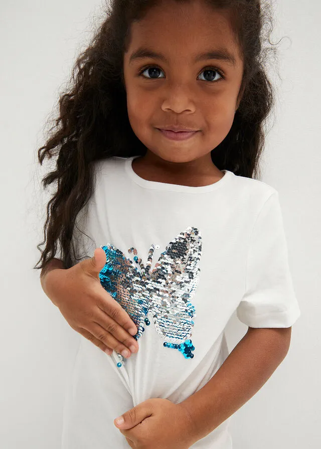 Camiseta de algodón orgánico para niñas (2 unidades) Blanco lana/celeste